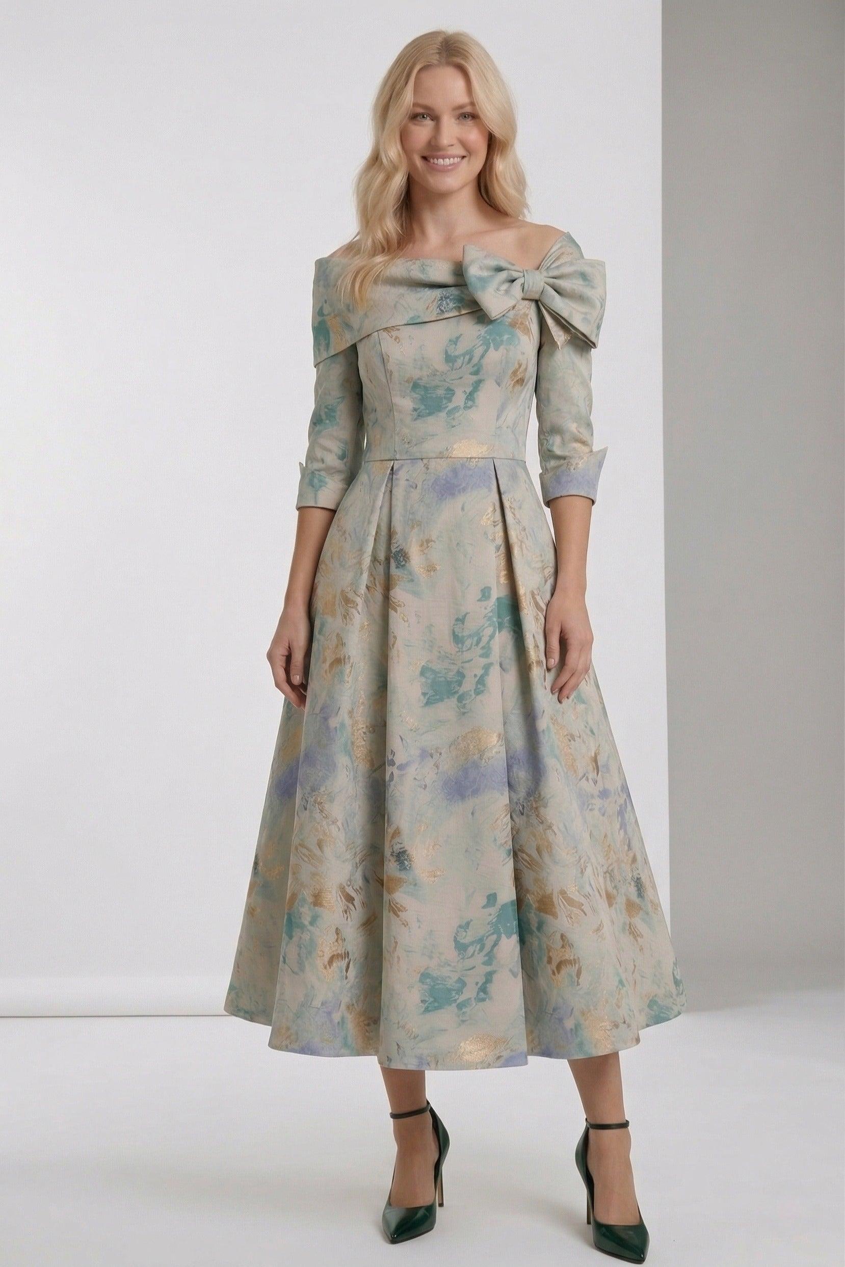 A-Line Tea-Length Jacquard Mother of the Bride Dress CM0418 - Light Blue Floral - COCOMELODY